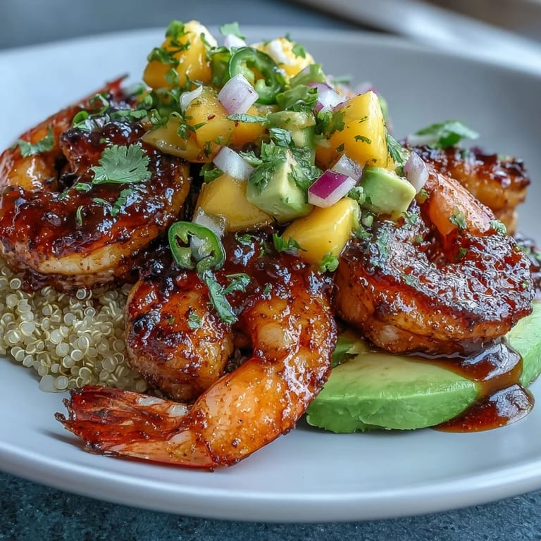 Tangy lime chili sauce and juicy mango salsa top smoky grilled shrimp, creamy avocado, and nutty quinoa in this vibrant dinner bowl.