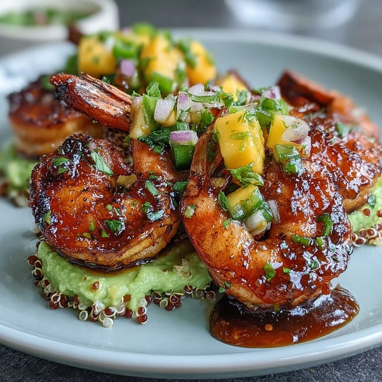 Juicy grilled shrimp, creamy avocado, and fluffy quinoa sit beneath bright mango salsa and a swirl of zesty lime chili sauce.
