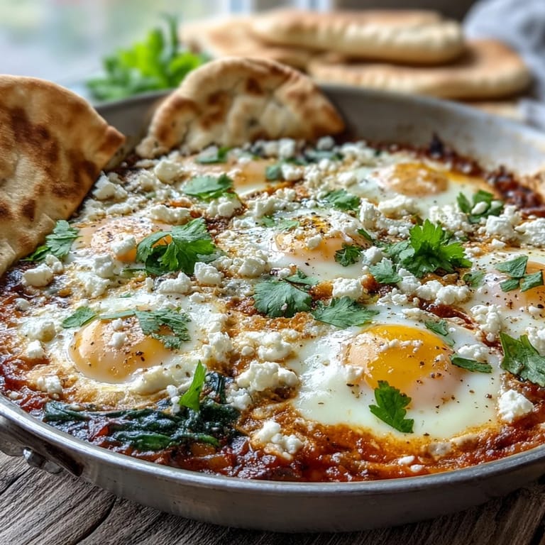 Savory Shakshuka Bowl featuring poached eggs, colorful peppers, and onions, garnished with feta and herbs over steaming sauce.
