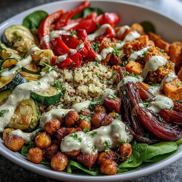 A nourishing roasted chickpea power bowl featuring smoky chickpeas, sweet potatoes, and red peppers over greens, ready for a wholesome lunch or dinner.