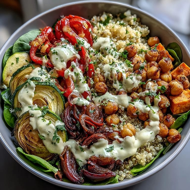 Close-up view of a vegan roasted chickpea power bowl with hearty grains, colorful vegetables, and fresh herbs, showcasing a delicious Mediterranean-inspired meal.