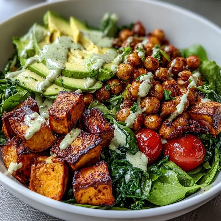 Savory roasted chickpeas and tender sweet potatoes nestled on a bed of greens, topped with cucumber, tomatoes, and avocado for a nourishing Breakfast Buddha Bowl.  