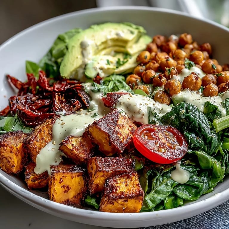 A colorful, vegan-friendly Breakfast Buddha Bowl featuring warm roasted vegetables, crisp chickpeas, and a smooth, tangy tahini dressing perfect for a healthy morning meal.