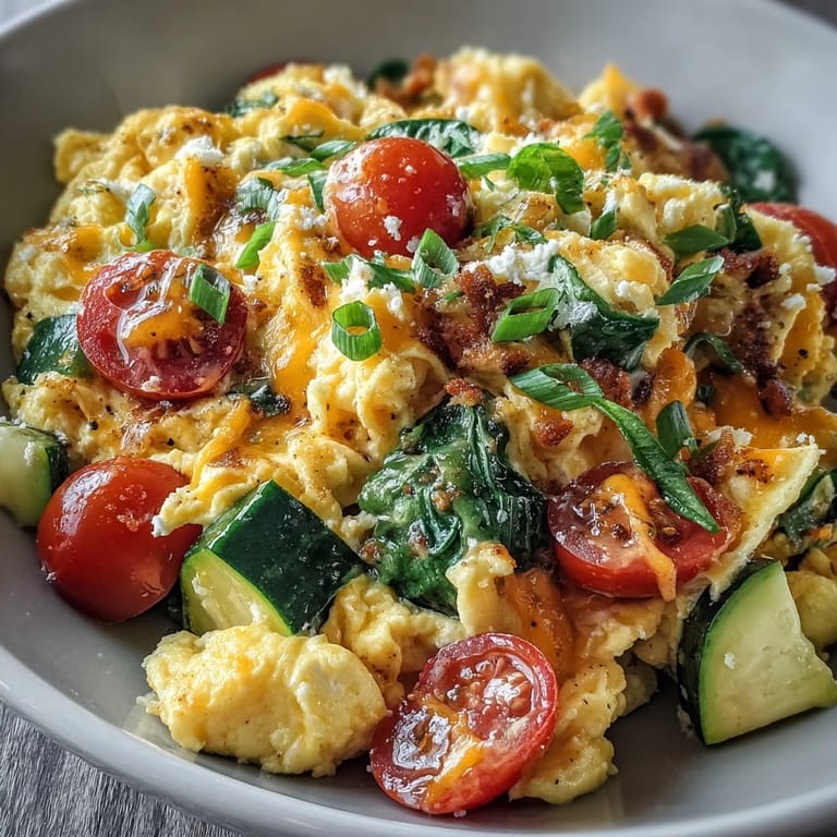Scrambled Egg and Veggie Bowl topped with halved cherry tomatoes, sliced green onions, and a light sprinkle of red pepper flakes for breakfast.  