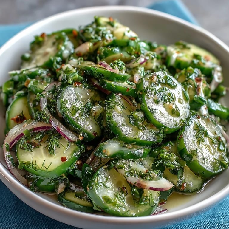 Crisp cucumber slices and peppery radishes tossed in a bright dill vinaigrette, offering a refreshing burst of flavor in every bite.