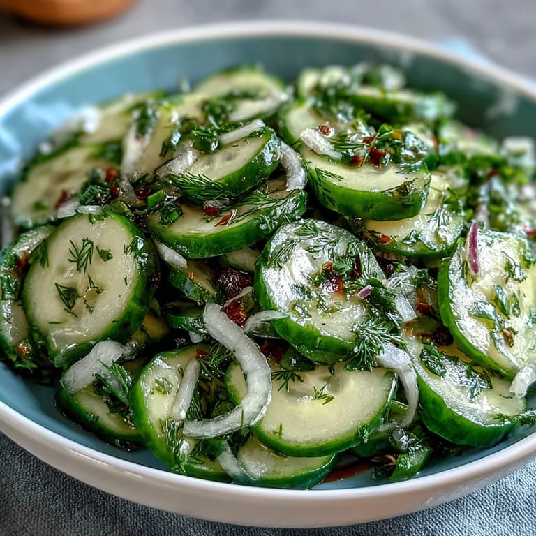 A colorful medley of cucumbers, radishes, and scallions dressed in a zesty dill vinaigrette, ideal for a healthy vegetarian appetizer.
