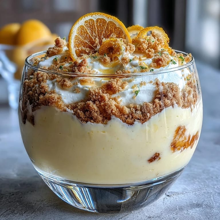 Creamy lemon mousse layered over golden shortbread crumble, offering a bright citrus flavor and delicate texture in every spoonful.