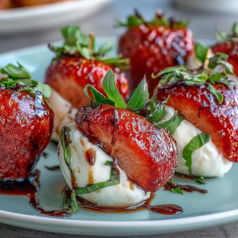 Vibrant strawberry and mozzarella caprese skewers, finished with basil and balsamic drizzle, perfect for summer parties.