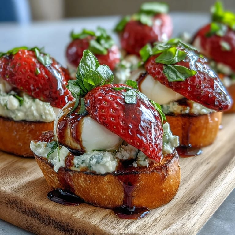 Juicy strawberry caprese skewers with creamy mozzarella, fresh basil, and a glossy balsamic glaze, served on a platter.