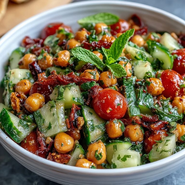Healthy Easy Cucumber Chickpea Salad with Lemon Vinaigrette: Colorful Mediterranean-inspired salad featuring diced cucumbers, chickpeas, and bright lemon vinaigrette for a light, satisfying dish.
