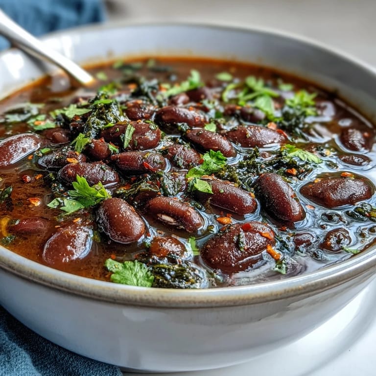 Hearty Southern black-eyed pea and collard green stew, simmered to perfection with aromatic vegetables and warming spices.