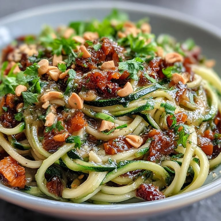 Creamy Healthy Easy Zucchini Noodle Stir-Fry with Peanut Sauce, colorful veggies tossed in a rich, savory peanut dressing for a light, nutritious meal.  