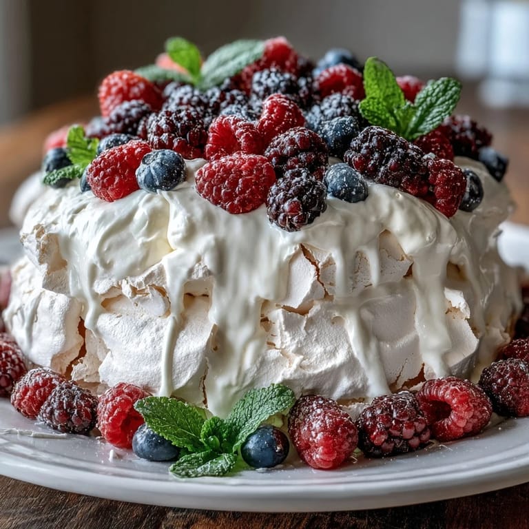 Elegant Mothers Day pavlova features a light, airy meringue shell filled with whipped cream and adorned with colorful strawberries, raspberries, and blueberries.