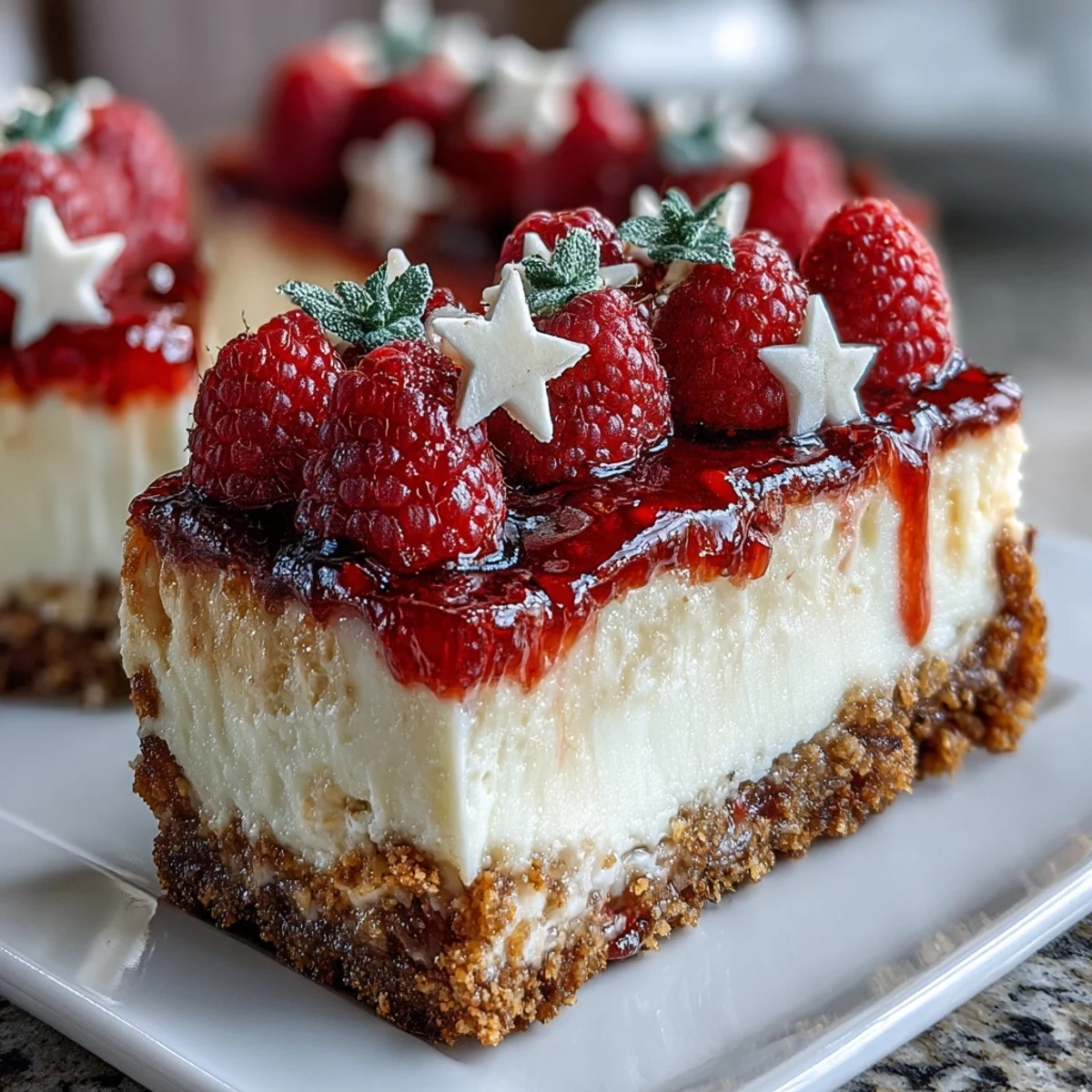 Easy Fourth of July no-bake cheesecake featuring smooth vanilla filling, fresh strawberries, and blueberries arranged in a festive flag pattern for summer celebrations.