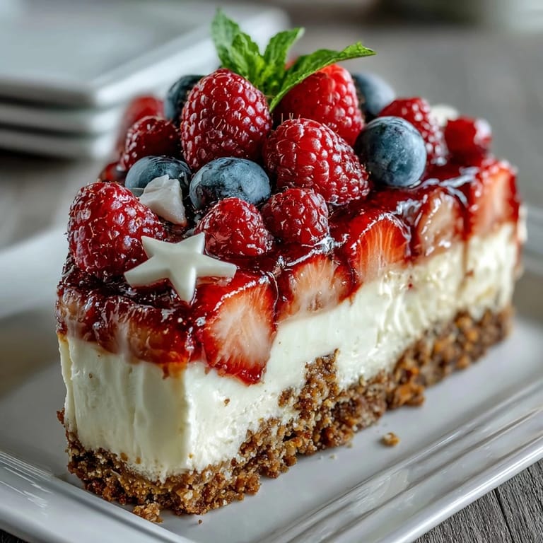 Creamy no-bake cheesecake with a buttery graham cracker crust, topped with vibrant red berries and blueberries in a classic American flag design.  
