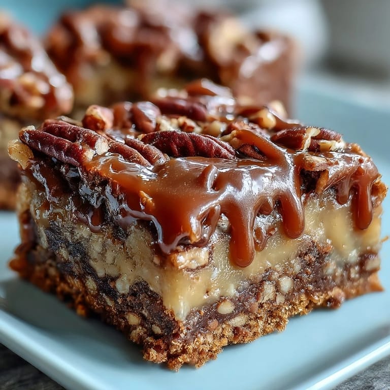 Decadent pecan pie bars with a buttery shortbread crust, rich brown sugar filling, and smooth bourbon glaze, served on a festive platter.