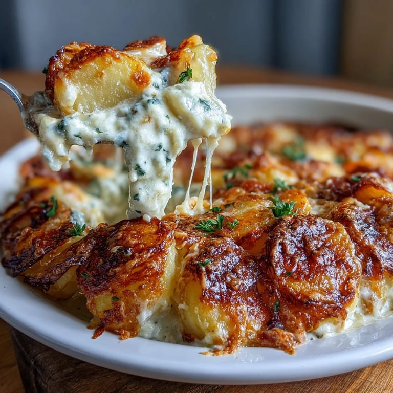 Classic American scalloped potatoes, featuring velvety cheese sauce and tender slices, ideal as a comforting side dish.