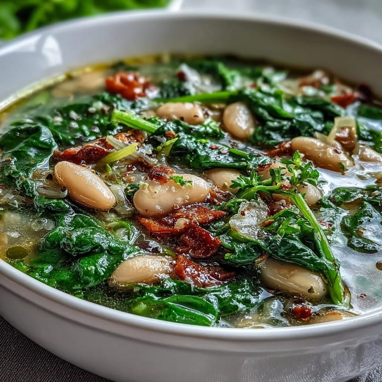 Creamy white beans and wilted spinach simmer in an aromatic Italian herb broth, served with a drizzle of olive oil.
