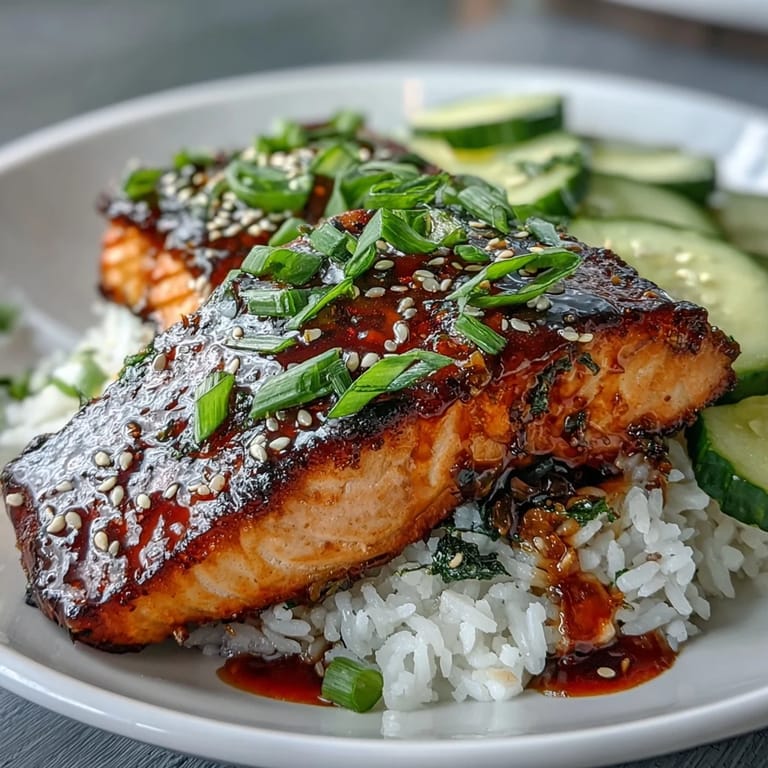 Quick teriyaki salmon bowl packed with tender glazed salmon, crunchy cucumber, and creamy avocado slices on steaming jasmine rice.