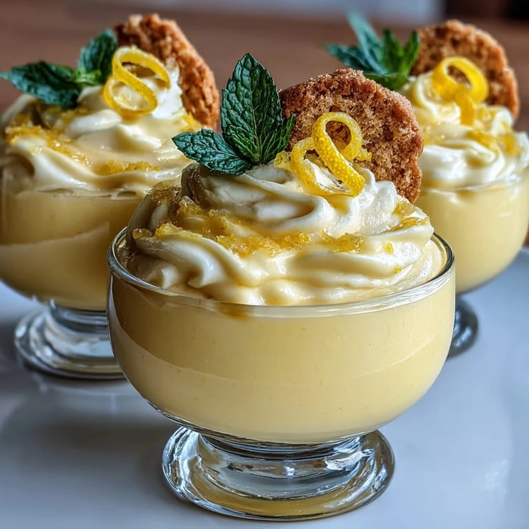 Bright and creamy lemon mousse in glass cups, accented with lemon zest curls and accompanied by classic shortbread.