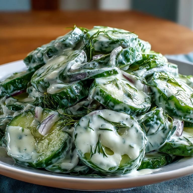 A refreshing summer salad featuring sliced cucumbers and red onion in a creamy dill dressing, perfect for picnics.  