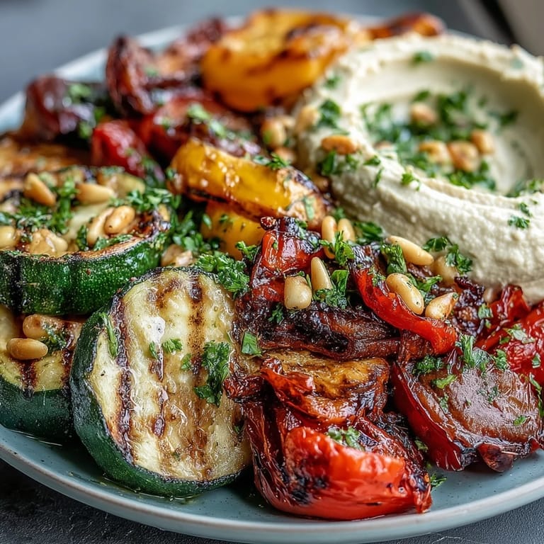 Healthy Mediterranean-inspired grilled vegetable platter with homemade hummus, garnished with parsley and pine nuts for a fresh, vibrant meal.  