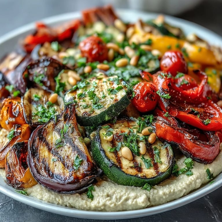 Vibrant summer veggie platter with hummus, showcasing perfectly charred vegetables served alongside rich, creamy tahini dip for a satisfying appetizer.