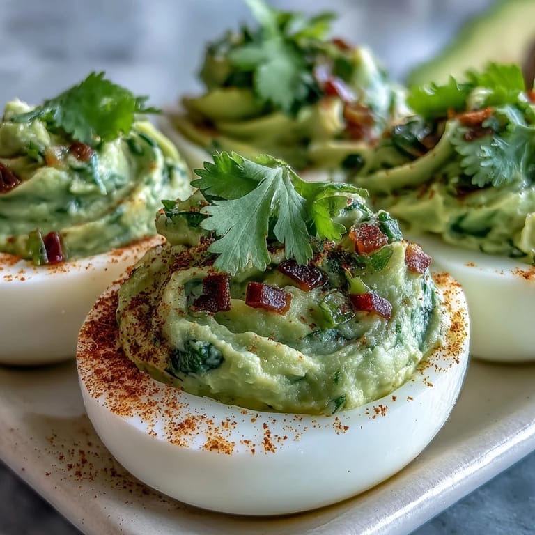 Creamy guacamole filling in halved deviled eggs, accented with diced tomatoes and a sprinkle of smoked paprika for a vibrant appetizer.