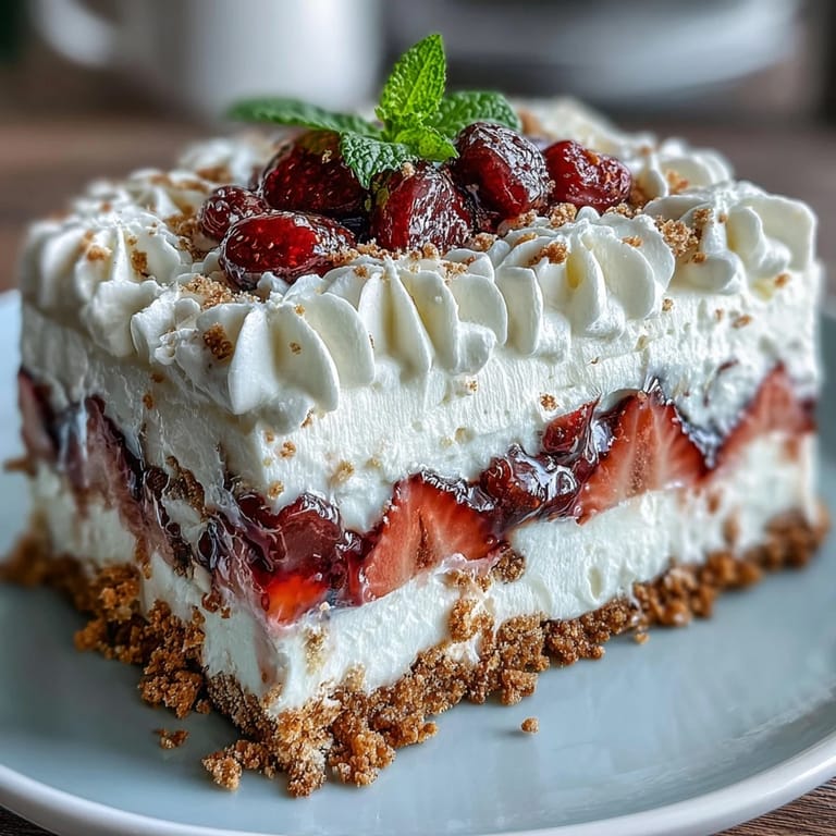 Layered no-bake icebox cake with fresh strawberries, fluffy whipped cream, and crisp graham crackers—perfect for summer gatherings.