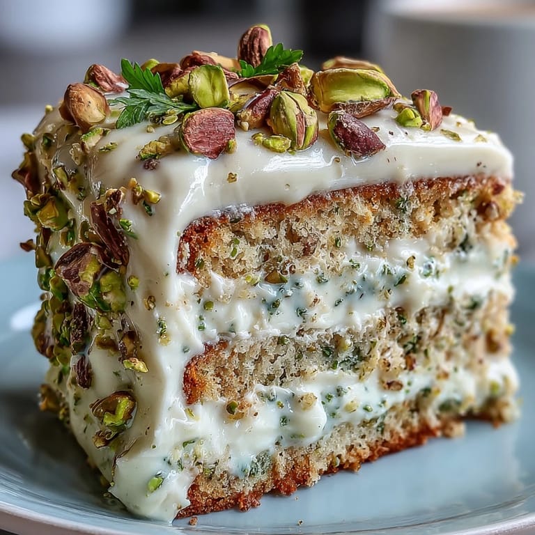 Festive spring birthday cake featuring moist lemon sponge, luscious lemon-pistachio frosting, and crunchy pistachio topping, perfect for a colorful and delicious celebration.