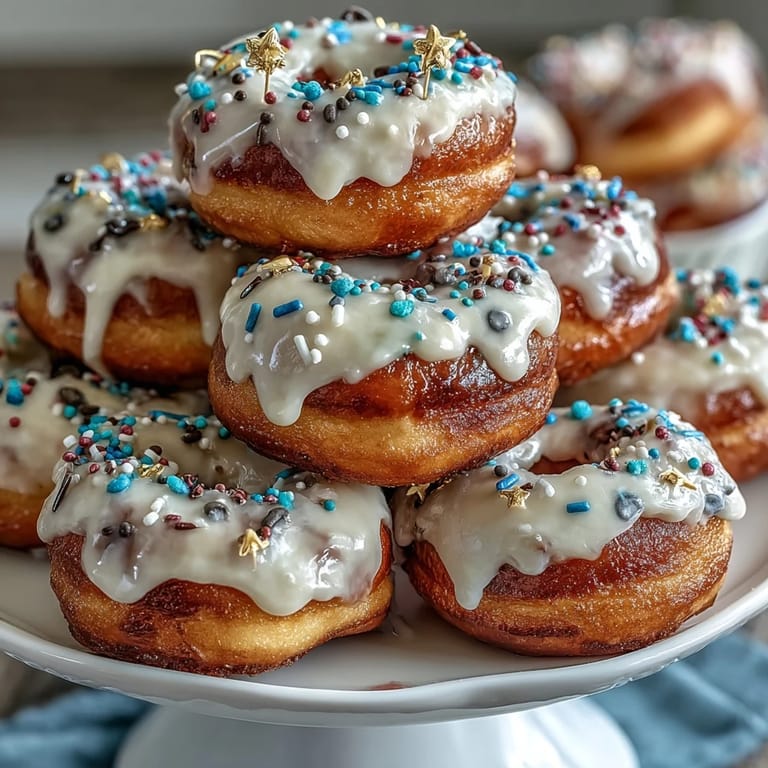 Fluffy mini donuts stacked in a cone shape, adorned with rainbow sprinkles and gold stars for a showstopping dessert centerpiece.