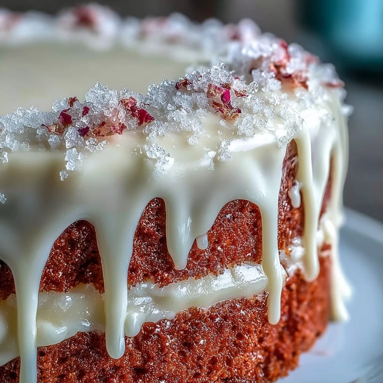 Delicate Bridal Shower Rosé Velvet Cake adorned with cascading gold icing.