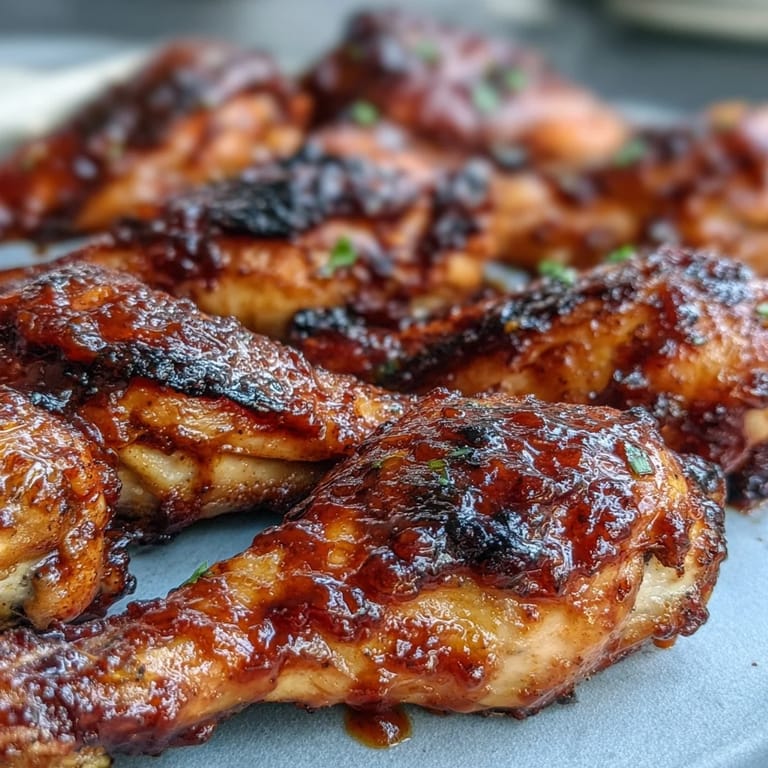 Delicious BBQ chicken drumsticks coated in tangy, sweet spicy peach glaze.