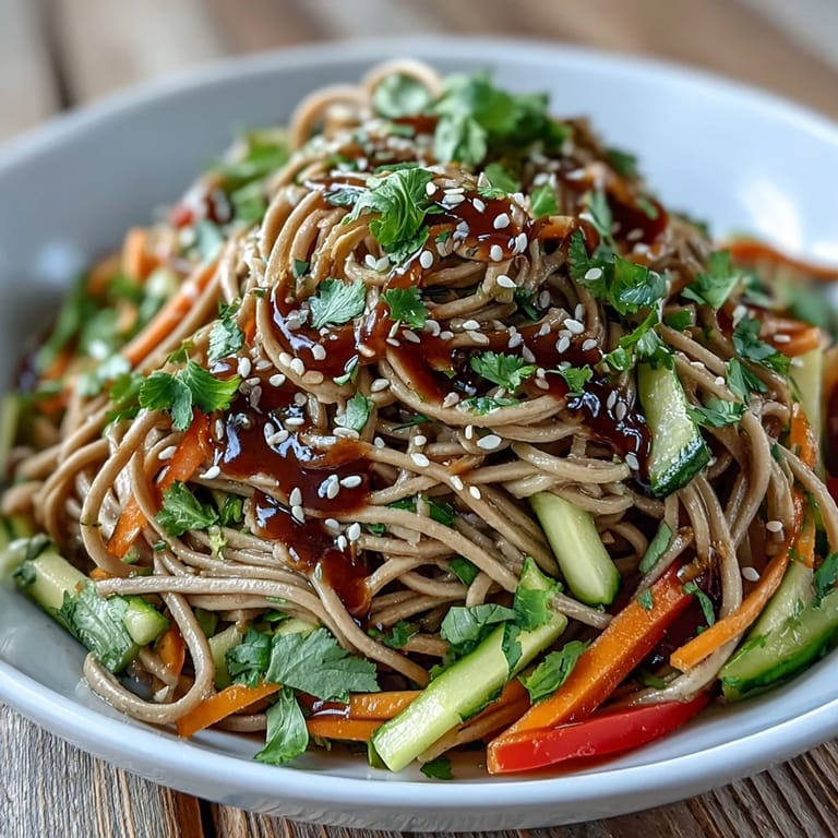 Vibrant Cold Soba Noodle Salad with Sesame Ginger dressing, a refreshing summer dish.