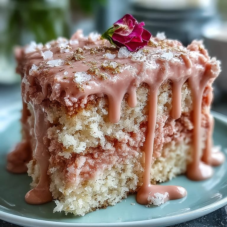 A stunning Bridal Shower Rosé Velvet Cake, frosted and glistening with gold.