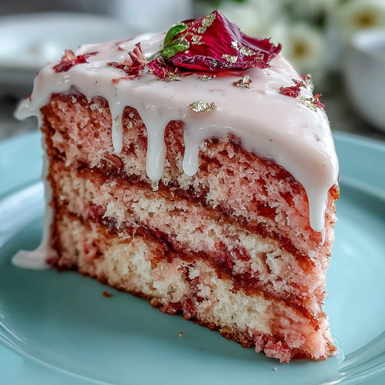 A moist, rosé-infused velvet cake adorned with delicate cream cheese frosting and gold drips.
