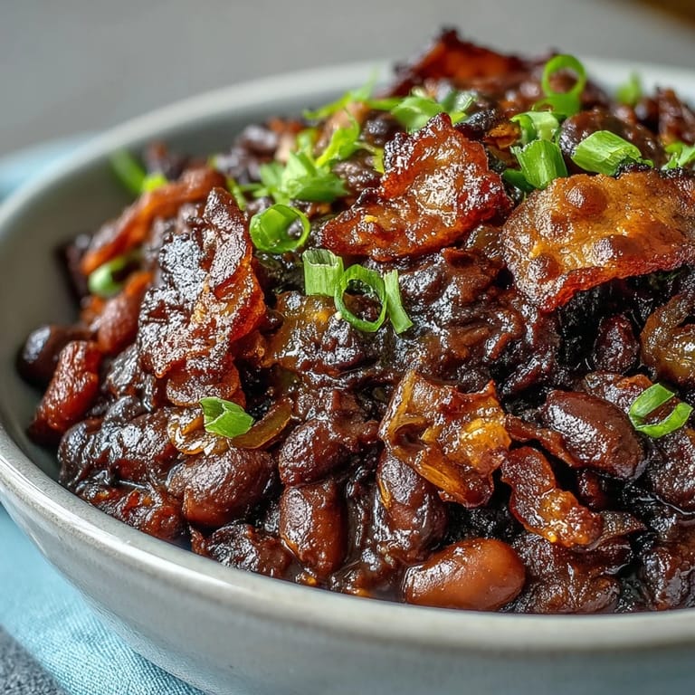 Slow-cooked Juneteenth BBQ Baked Beans, a sweet and savory delight, visually appealing.