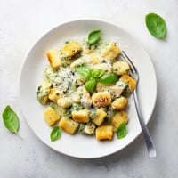 Golden pan-crisped gnocchi and tender chicken pieces coated in a lush, herbaceous pesto cream sauce, garnished with fresh basil.