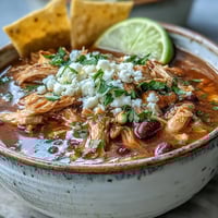 Hot Chicken Tortilla Soup is served in a white bowl with crispy tortilla strips, avocado, and melted cotija cheese.