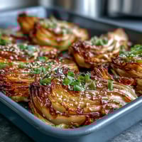 Golden-brown Miso Butter Roasted Cabbage Wedges on a platter, garnished with sesame seeds and scallions.