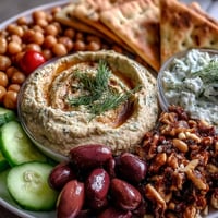 Vibrant Mediterranean Brunch Board with Dips and Flatbreads, featuring creamy hummus and smoky baba ganoush arranged on a rustic wooden table.