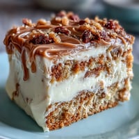 Close-up of Decadent Baked Biscoff Cake with Creamy Lotus Frosting, featuring a thick layer of silky frosting and crunchy biscuit crumbles on top.