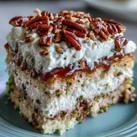 Freshly sliced Butter Pecan Tres Leches Cake reveals moist layers soaked in creamy milk, topped with sweet whipped cream and gooey caramelized pecans.
