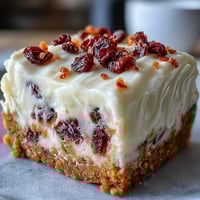 Freshly baked Cranberry Bliss Bars on a cooling rack, featuring golden edges and dotted with ruby-red cranberries.