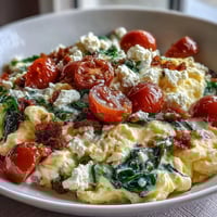 A vibrant spinach and feta breakfast bowl with fluffy scrambled eggs, sautéed greens, and juicy tomatoes served with toasted whole grain bread.