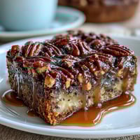 Kentucky Derby Pecan Pie Bars with Bourbon Glaze on a rustic wooden tray, topped with toasted pecans and a glossy bourbon drizzle.