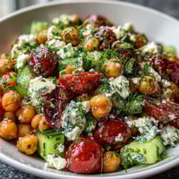Cold chickpea salad with lemon herbs, a vibrant Mediterranean dish with juicy tomatoes and crisp cucumbers.  