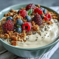 Creamy Skyr Protein Smoothie Bowl topped with fresh berries and crunchy granola.